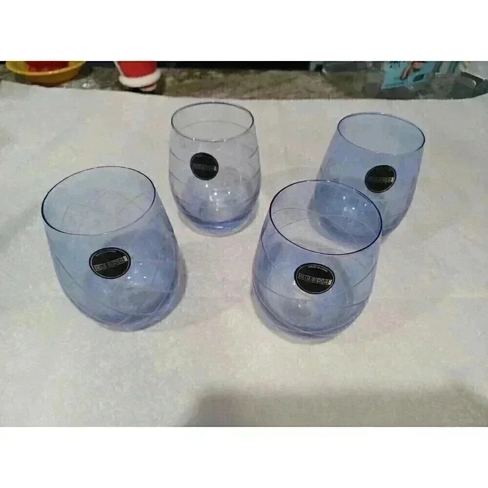 American Atelier Medallion Stemless Wine Glass Set of 4, 17 oz - Blue